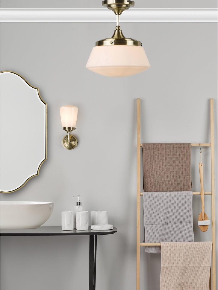 Dar Caden Semi-Flush Antique Brass Bathroom Ceiling Light Complete With Opal Glass - IP44