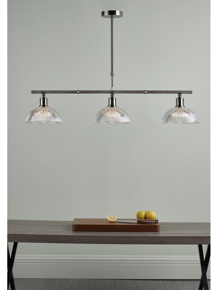 Dar Dara DAR0375 3 Light Bar Pendant In Antique Brass Finish With Clear Glass Shades