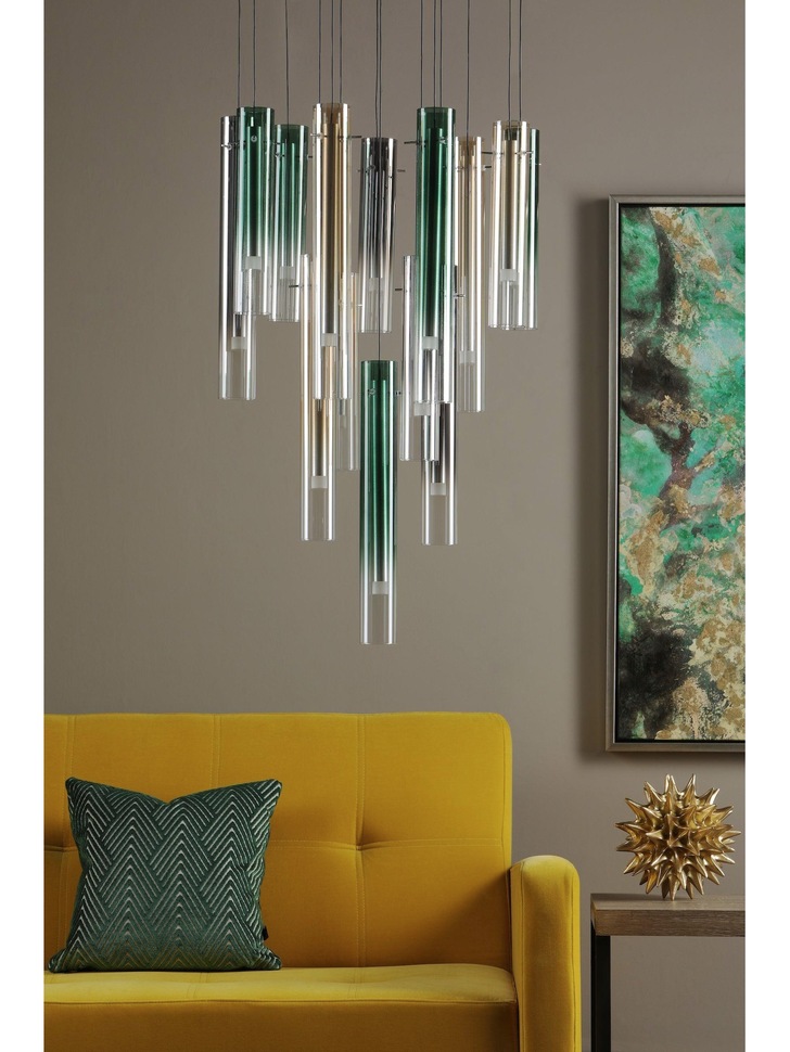 Dar Isadora Polished Chrome 14 Light Cluster Pendant Complete With Green, Champage And Smoked Ombre Glass Shades