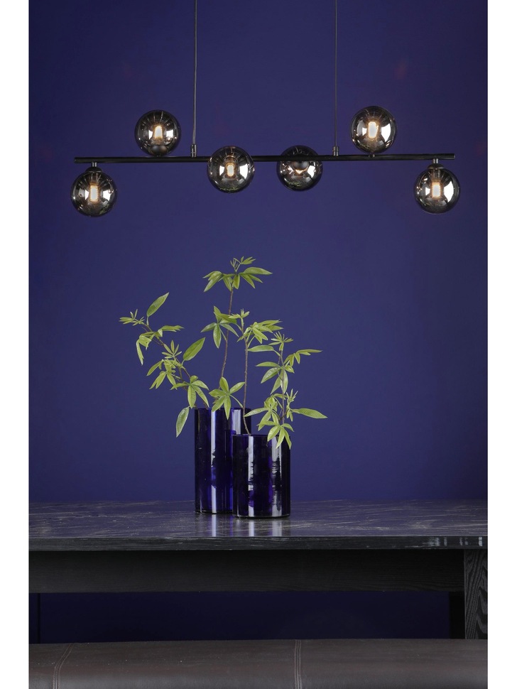 Dar Spiral 6 Light Linear Bar Pendant Matt Black With Smoked Glass Globes