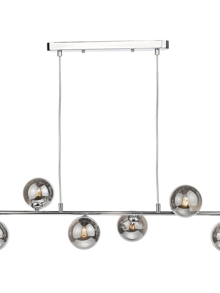 Dar Spiral 6 Light Linear Bar Pendant Polished Chrome With Smoked Glass Globes