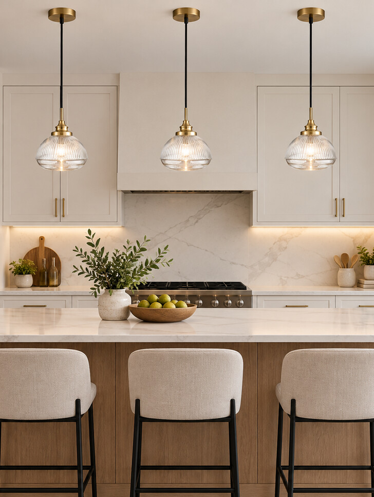 Franklite Acoste Aged Brass Pendant Ceiling Light Complete With Clear Ribbed Glass