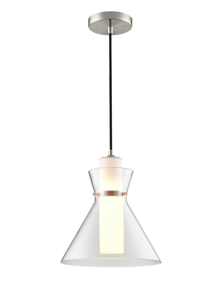 Franklite Bliss Single Pendant In Satin Nickel With Clear Pyramid Glass & Frosted Inner Glass