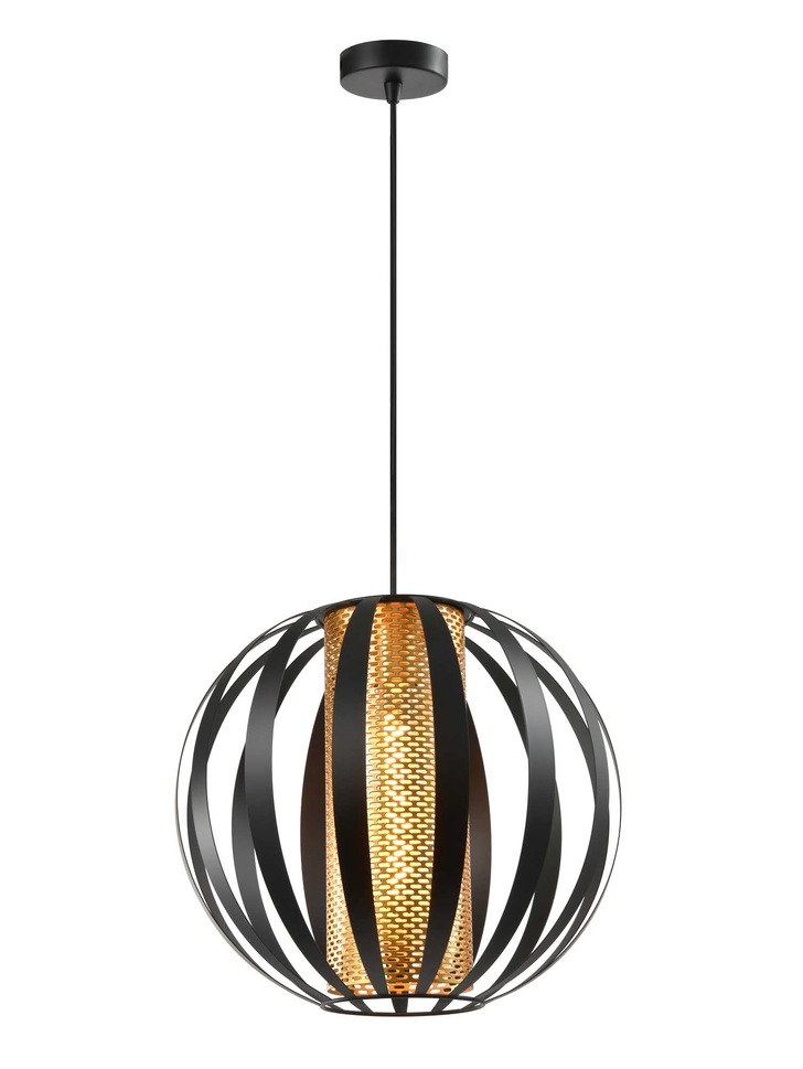 Franklite Flare Large Single Pendant In Matt Black With Gold Honeycomb Cylindrical Inner