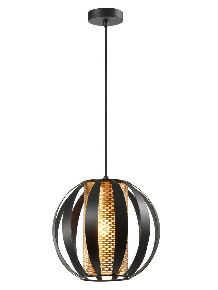 Franklite Flare Small Single Pendant In Matt Black With Gold Honeycomb Cylindrical Inner