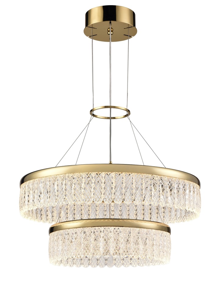 Franklite Victoria Large Two Tier Round Led Pendant In Gold With Detailed Crystal Glasses - 3000K