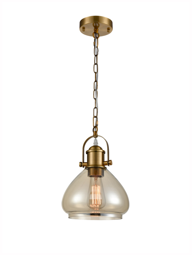 Franklite Vista Antique Gold Finish Single Pendant Complete With Amber Glass