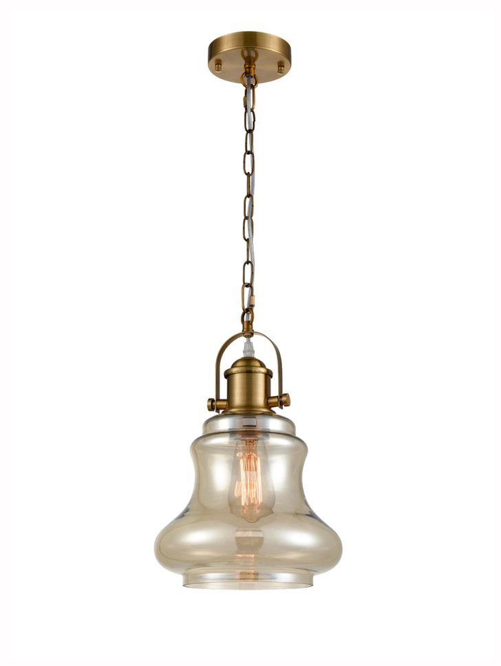 Franklite Vista Antique Gold Finish Single Pendant Complete With Amber Glass