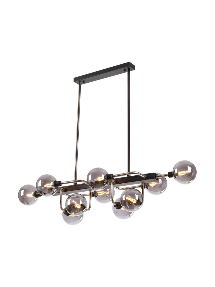 Idolite Atlas Graphite/Satin Nickel 10 Light Linear Bar Pendant Complete With Sphere Smoked Glass Shades