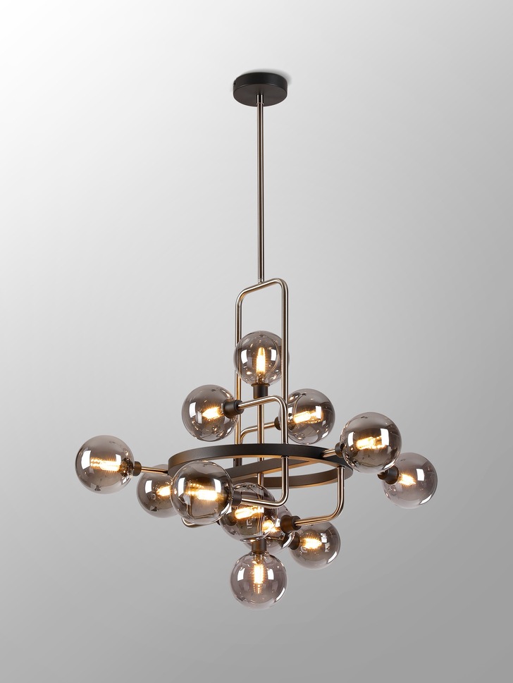 Idolite Atlas Graphite/Satin Nickel 12 Light Pendant Complete With Sphere Smoked Glass Shades