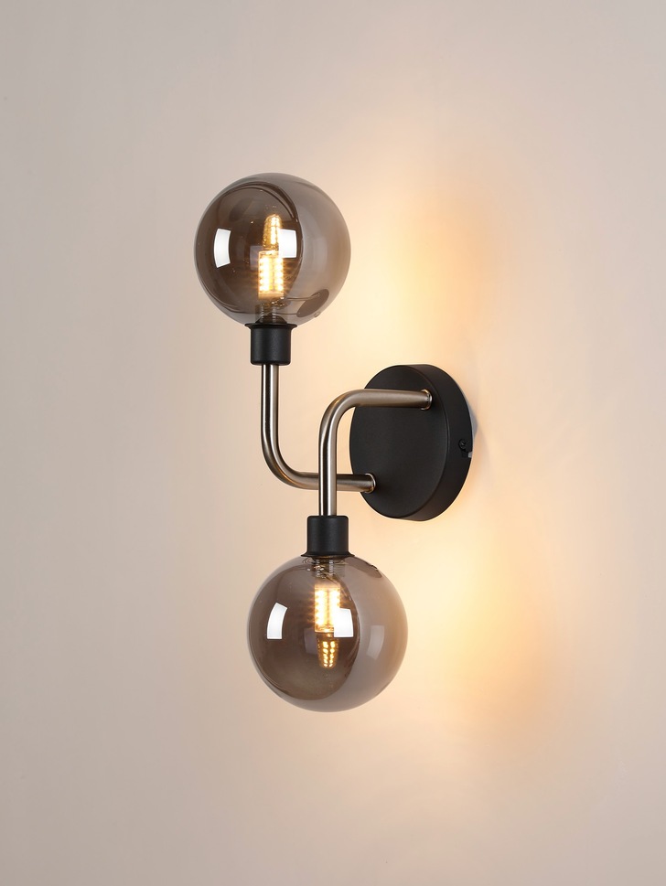 Idolite Atlas Graphite/Satin Nickel 2 Light Wall Light Complete With Sphere Smoked Glass Shades