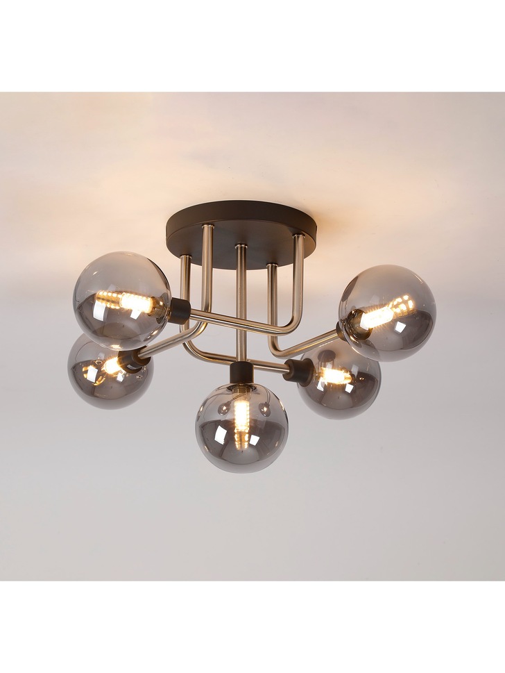 Idolite Atlas Graphite/Satin Nickel 5 Light Semi Flush Ceiling Light Complete With Sphere Smoked Glass Shades