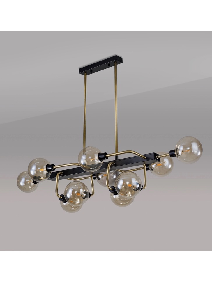 Idolite Atlas Matt Black/Antique Brass 10 Light Linear Bar Pendant C/W Cognac Glass Globes