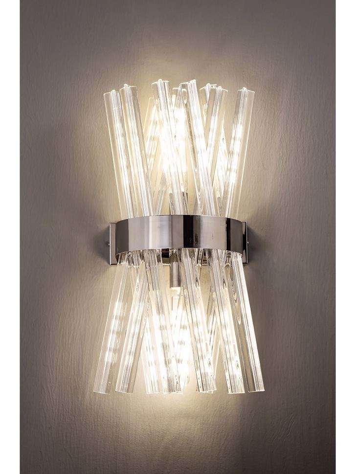 Idolite Burns Polished Nickel Large 2 Light Wall Light Complete With Clear Glass Rods