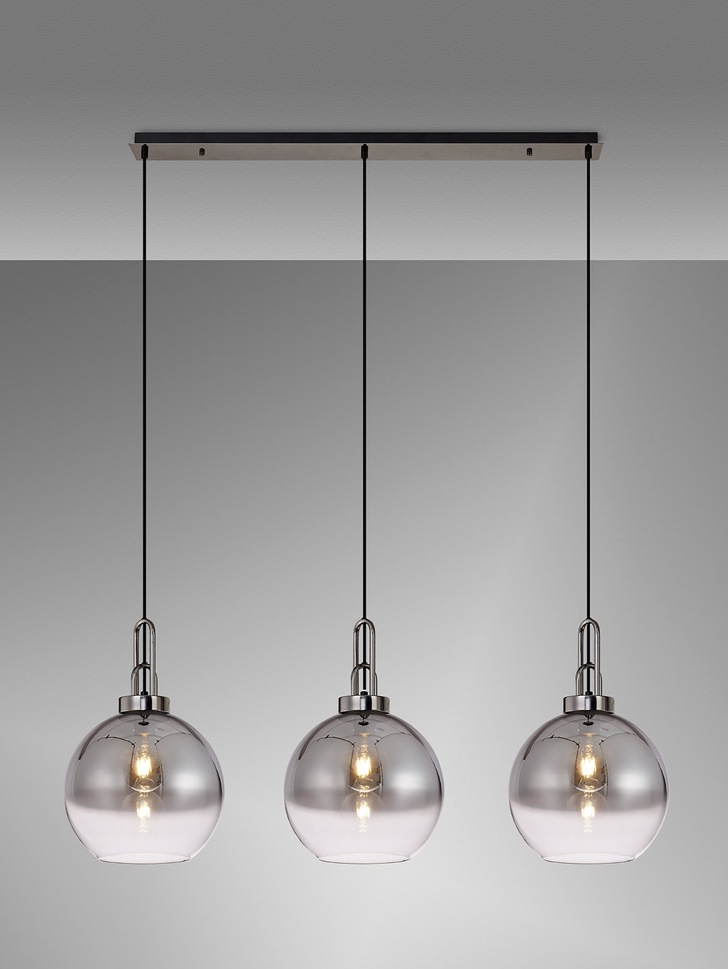 Idolite Camille Black Chrome 3 Light Linear Bar Pendant With Smoked/Clear Ombre Glass Globes