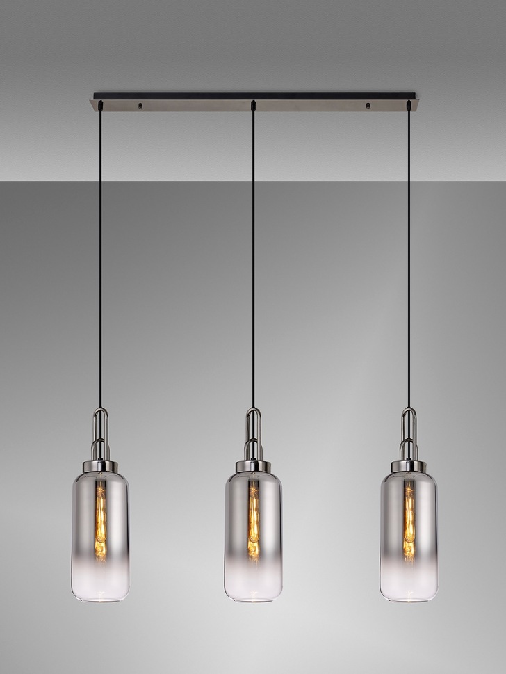 Idolite Camille Black Chrome 3 Light Linear Bar Pendant With Smoked/Clear Ombre Glasses