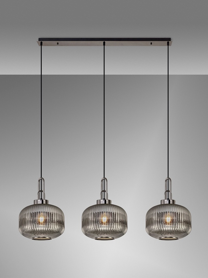 Idolite Camille Black Chrome 3 Light Linear Bar Pendant With Smoked Ribbed Glasses