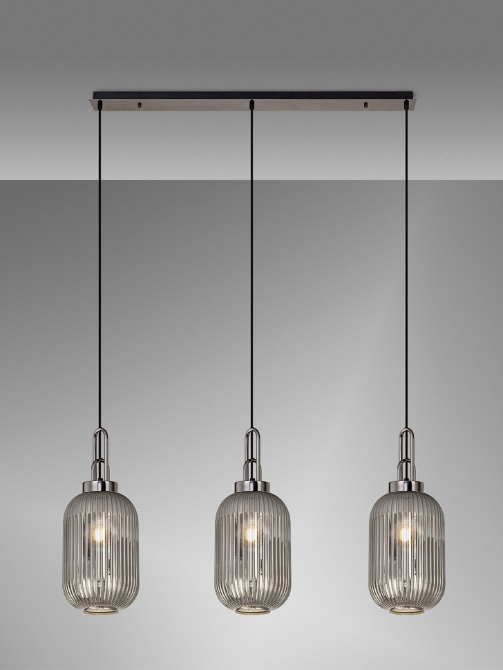 Idolite Camille Black Chrome 3 Light Linear Bar Pendant With Smoked Ribbed Glasses