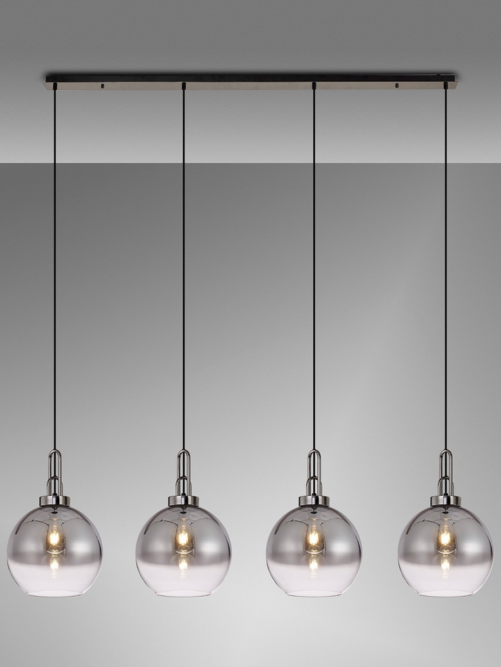 Idolite Camille Black Chrome 4 Light Linear Bar Pendant With Smoked/Clear Ombre Glass Globes