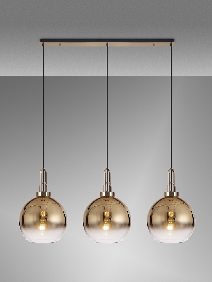 Idolite Camille Brass Gold 3 Light Linear Bar Pendant With Brass Gold/Clear Ombre Glass Globes