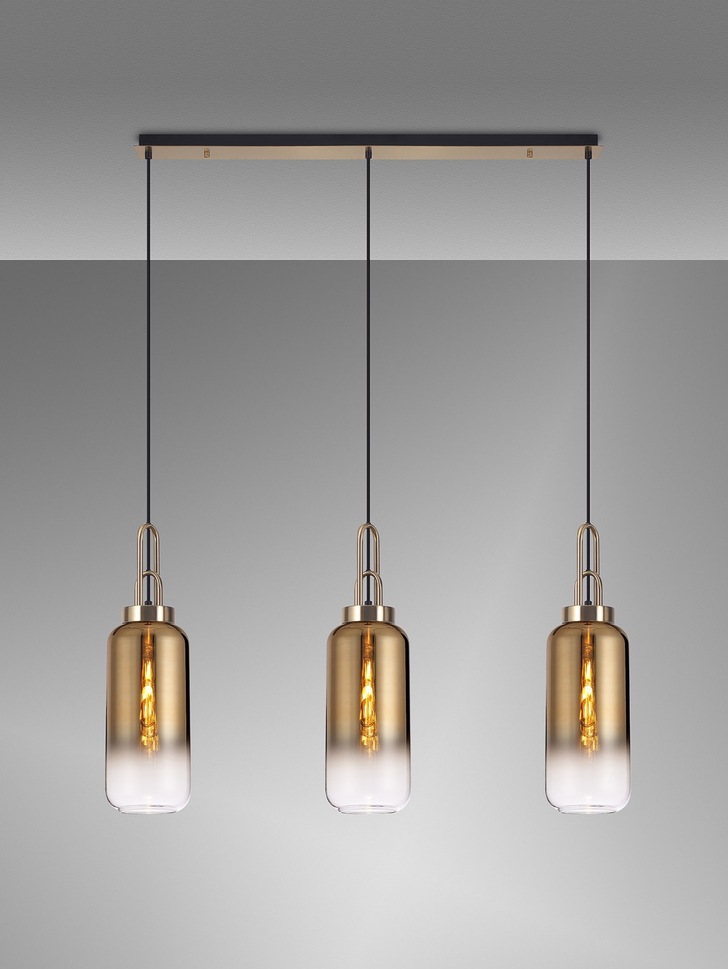 Idolite Camille Brass Gold 3 Light Linear Bar Pendant With Brass Gold/Clear Ombre Glasses