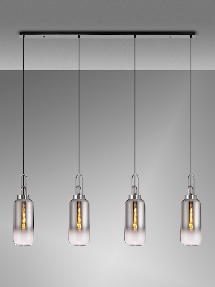 Idolite Camille Brass Gold 4 Light Linear Bar Pendant With Brass Gold/Clear Ombre Glass Globes