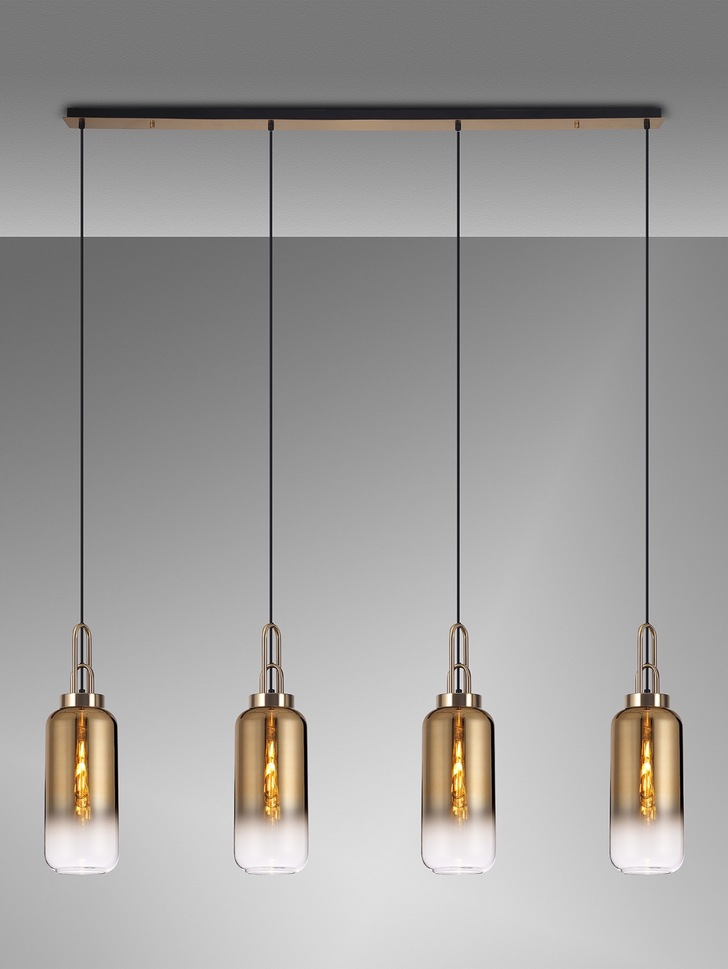 Idolite Camille Brass Gold 4 Light Linear Bar Pendant With Brass Gold/Clear Ombre Glasses