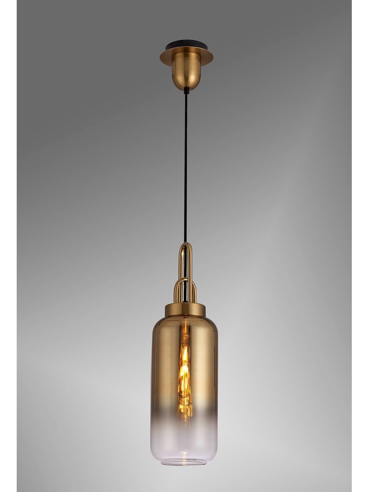 Idolite Camille Brass Gold Finish Single Pendant Light C/W Gold/Clear Ombre Glass