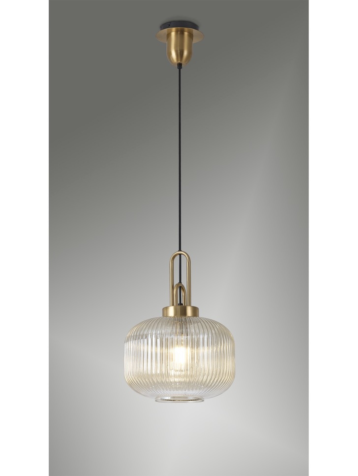 Idolite Camille Brass Gold Single Pendant Light With Champagne Ribbed Glass