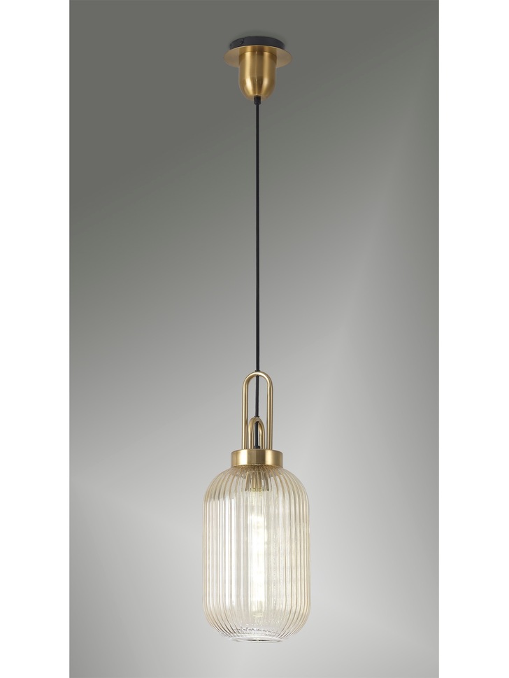 Idolite Camille Brass Gold Single Pendant Light With Champagne Ribbed Glass