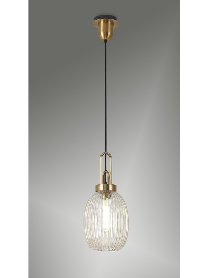 Idolite Camille Brass Gold Single Pendant Light With Champagne Ribbed Glass