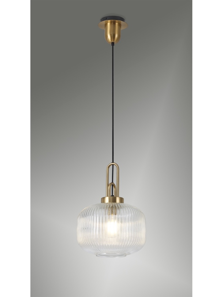 Idolite Camille Brass Gold Single Pendant Light With Clear Ribbed Glass