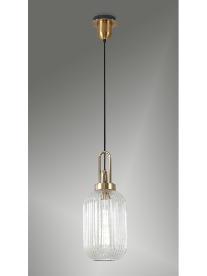 Idolite Camille Brass Gold Single Pendant Light With Clear Ribbed Glass