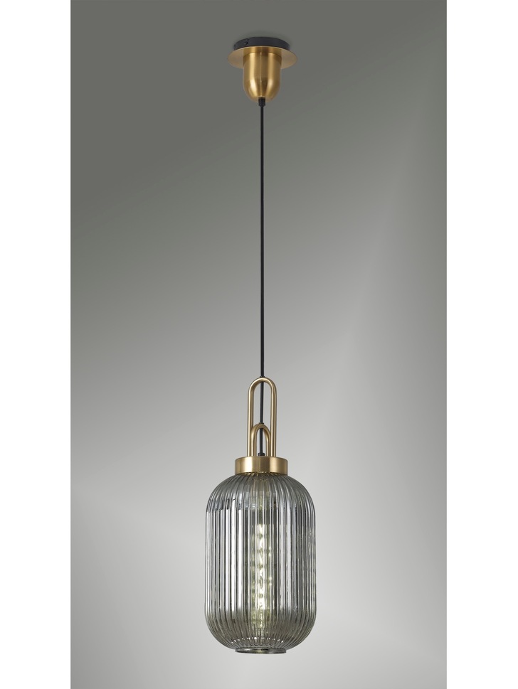 Idolite Camille Brass Gold Single Pendant Light With Smoked Ribbed Glass