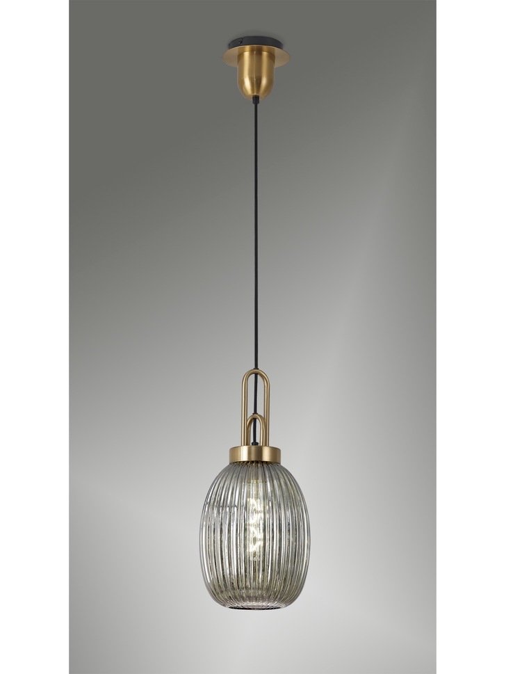 Idolite Camille Brass Gold Single Pendant Light With Smoked Ribbed Glass