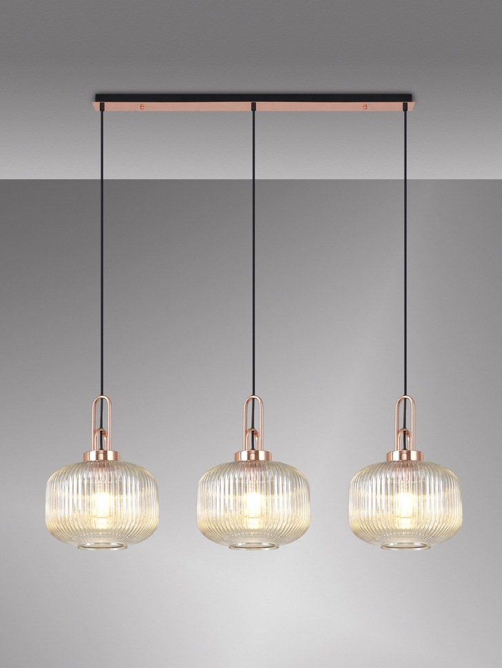 Idolite Camille Copper 3 Light Linear Bar Pendant With Champagne Ribbed Glasses