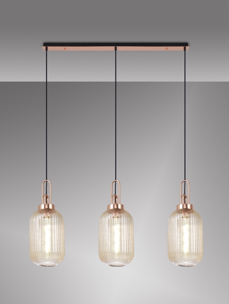 Idolite Camille Copper 3 Light Linear Bar Pendant With Champagne Ribbed Glasses