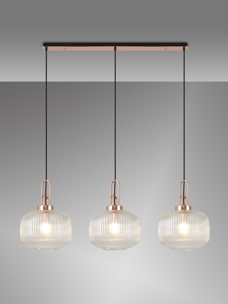 Idolite Camille Copper 3 Light Linear Bar Pendant With Clear Ribbed Glasses