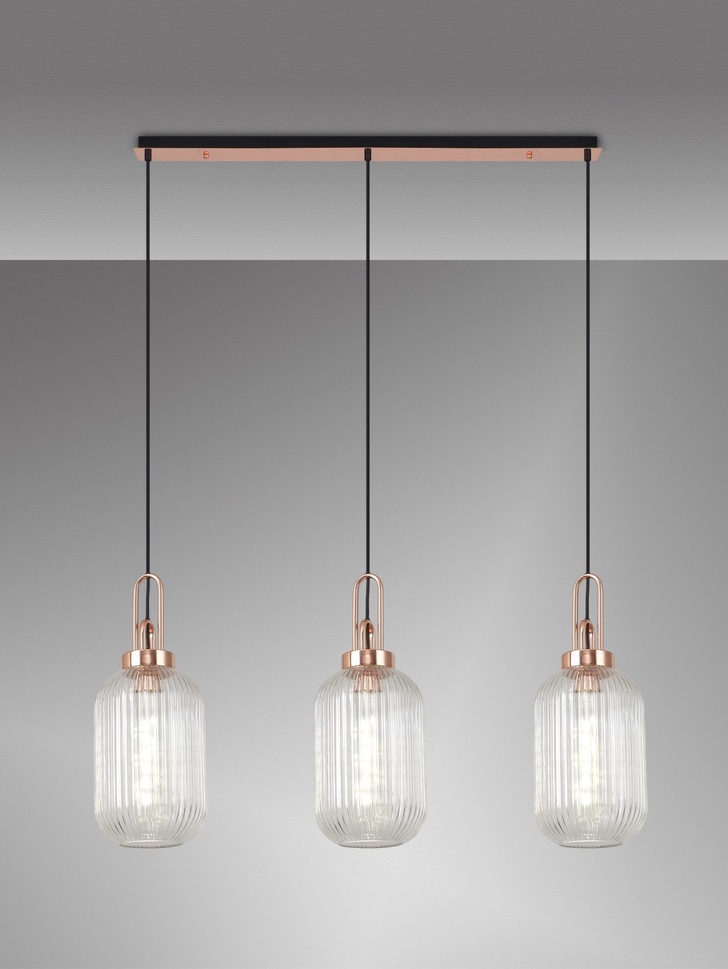 Idolite Camille Copper 3 Light Linear Bar Pendant With Clear Ribbed Glasses