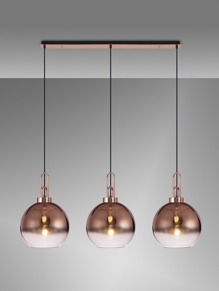 Idolite Camille Copper 3 Light Linear Bar Pendant With Copper/Clear Ombre Glass Globes