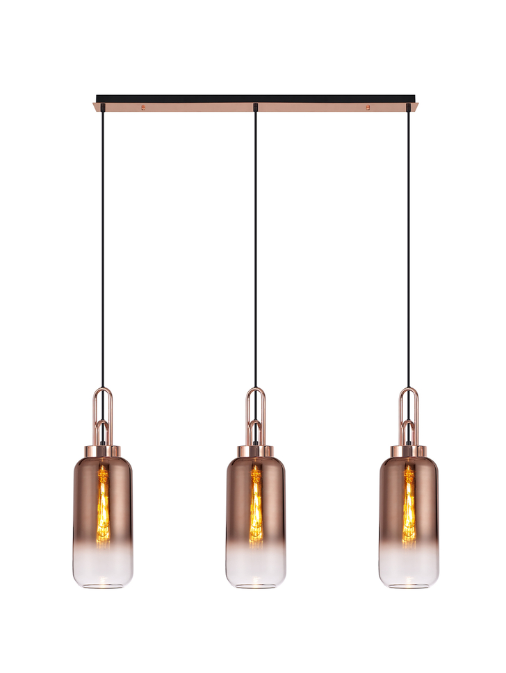 Idolite Camille Copper 3 Light Linear Bar Pendant With Copper/Clear Ombre Glasses