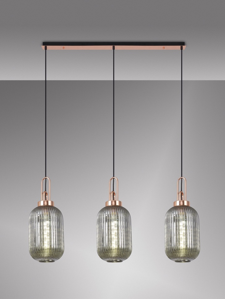 Idolite Camille Copper 3 Light Linear Bar Pendant With Smoked Ribbed Glasses