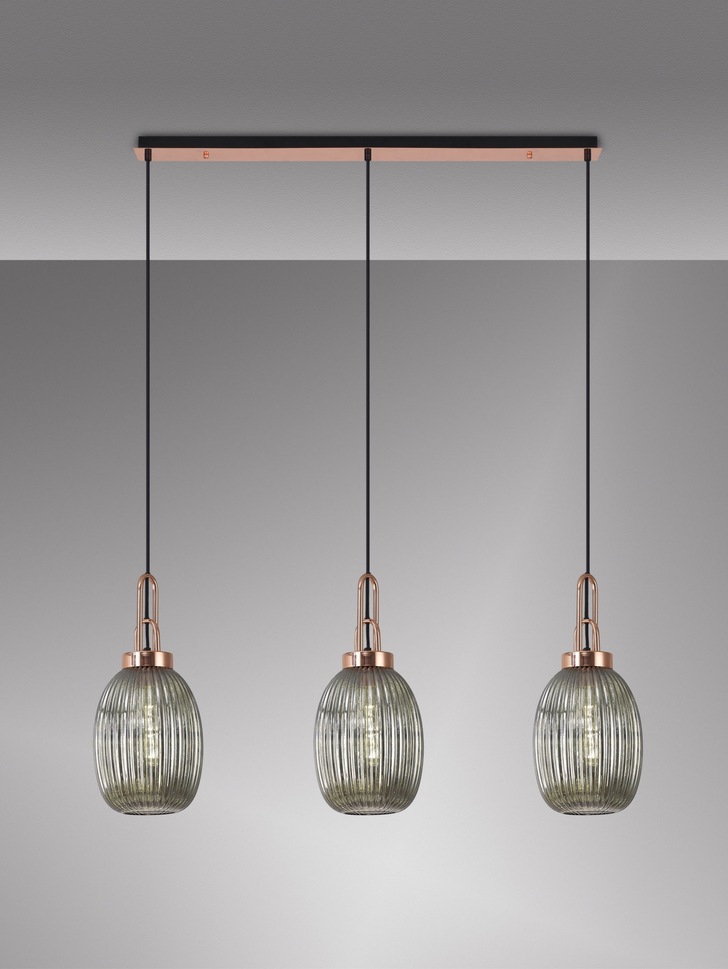 Idolite Camille Copper 3 Light Linear Bar Pendant With Smoked Ribbed Glasses