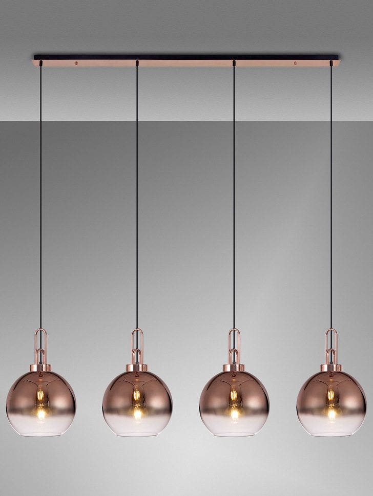 Idolite Camille Copper 4 Light Linear Bar Pendant With Copper/Clear Ombre Glass Globes