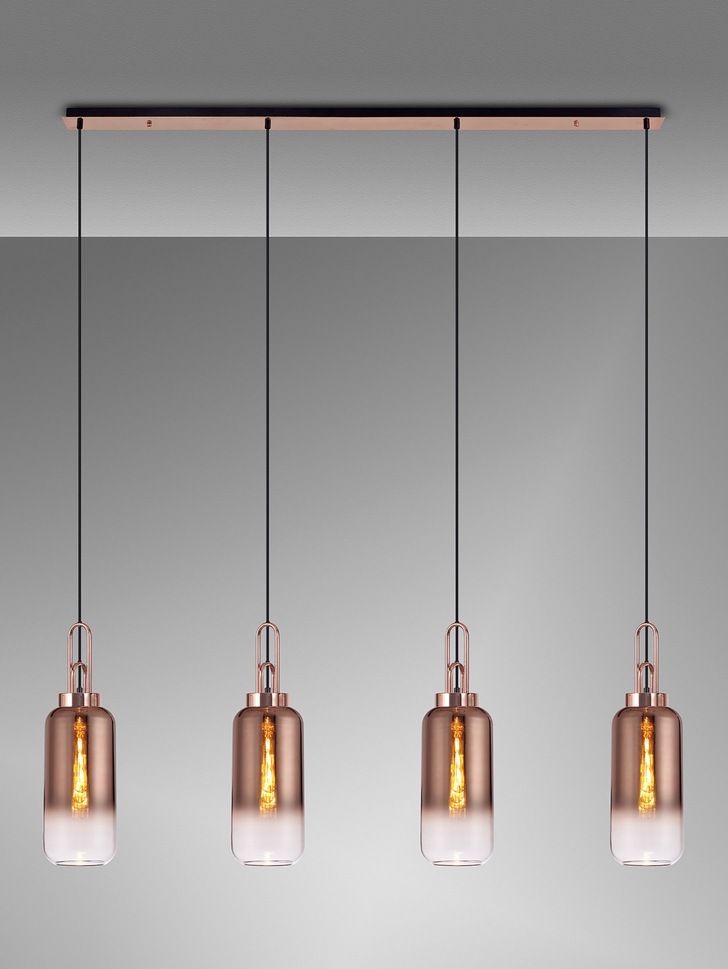 Idolite Camille Copper 4 Light Linear Bar Pendant With Copper/Clear Ombre Glasses