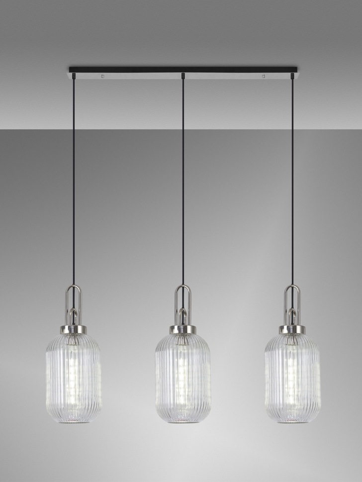 Idolite Camille Polished Nickel 3 Light Linear Bar Pendant With Clear Ribbed Glasses