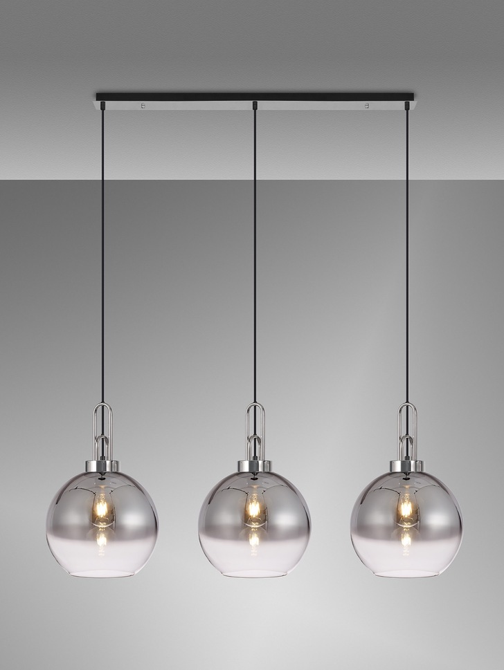 Idolite Camille Polished Nickel 3 Light Linear Bar Pendant With Smoked/Clear Ombre Glass Globes