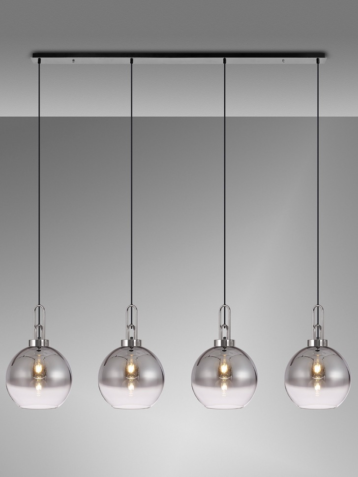 Idolite Camille Polished Nickel 4 Light Linear Bar Pendant With Smoked/Clear Ombre Glass Globes