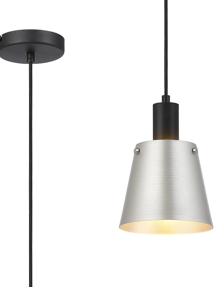 Idolite Coughlan 1 Light Black Single Pendant Complete With Light Grey/Silver Metal Shade