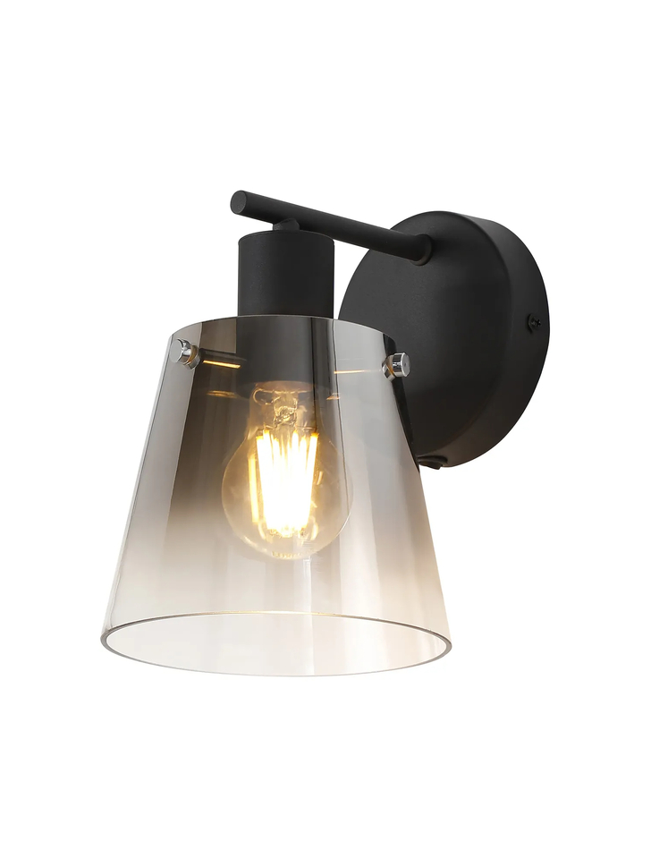 Idolite Coughlan 1 Light Switched Single Black Wall Light Complete With Smoke Faded Glass Shade